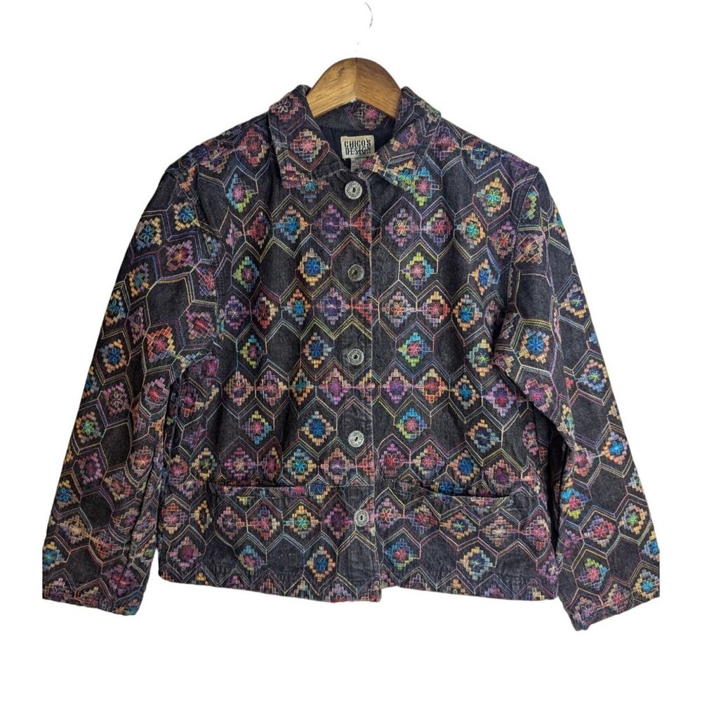 Chico's Design Denim Jacket Sz M Multicolor Geometric Embroidered Art-to-Wear
